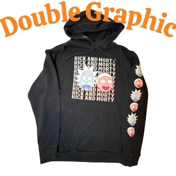 Rick & Morty Hoodie Adult Swim Pullover Double Graphic Faces/Sleeve Rare Size S - Picture 1 of 10
